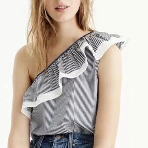 J. CREW WOMEN ONE SHOULDER RUFFLE TOP-NAVY STRIPE SIZE 4 100% COTTON Small